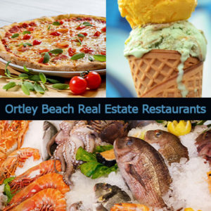 Ortley Beach real estate in blue font in a black bar over pictures of pizza, ice cream, and seafood